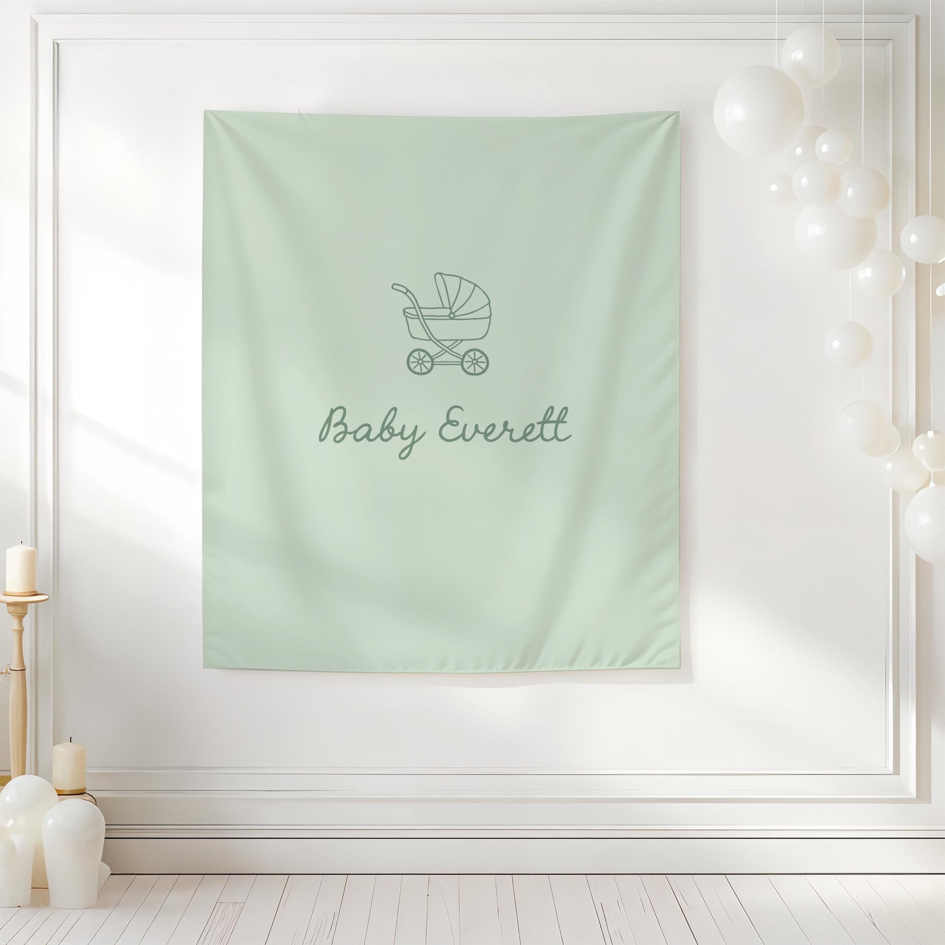 Green Baby Shower Backdrop, Baby Carriage Banner, Personalized Baby Shower Banner, Nursery Wall Hanging, Neutral Baby Shower Decor