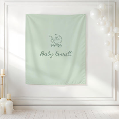 Green Baby Shower Backdrop, Baby Carriage Banner, Personalized Baby Shower Banner, Nursery Wall Hanging, Neutral Baby Shower Decor