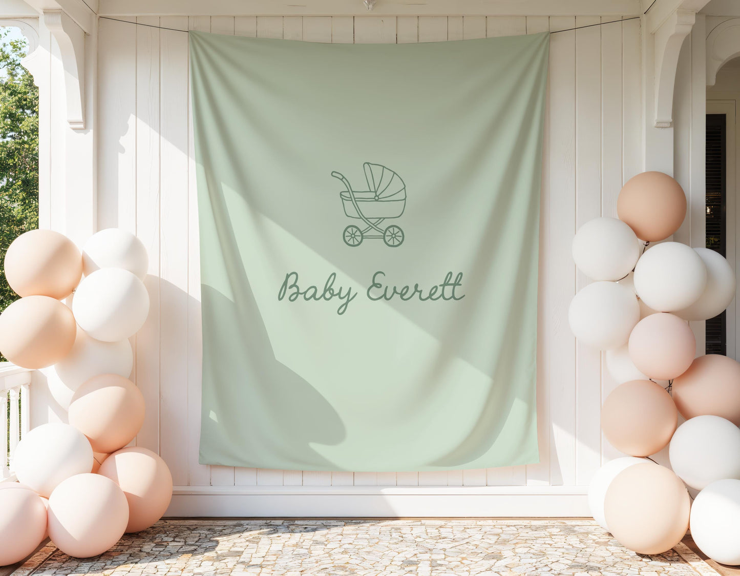 Green Baby Shower Backdrop, Baby Carriage Banner, Personalized Baby Shower Banner, Nursery Wall Hanging, Neutral Baby Shower Decor