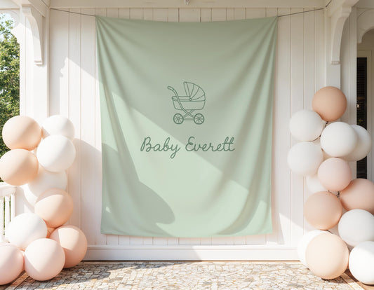 Green Baby Shower Backdrop, Baby Carriage Banner, Personalized Baby Shower Banner, Nursery Wall Hanging, Neutral Baby Shower Decor