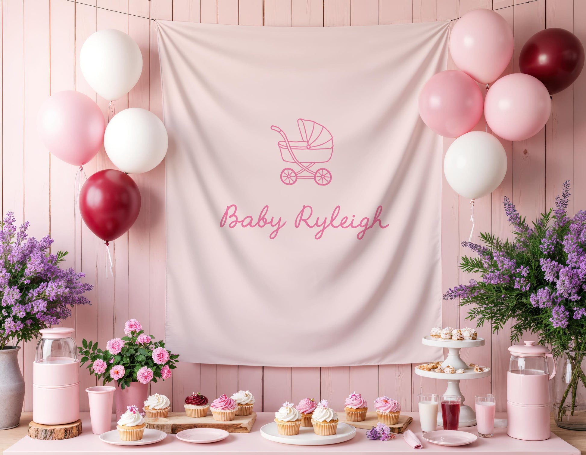 Pink Baby Shower Backdrop, Baby Carriage Banner, Personalized Baby Shower Banner, Nursery Wall Hanging, Girl Baby Shower Decor