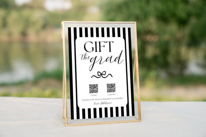 Gift the Grad QR Code Sign | Black and White Bow Graduation Party Decor | Graduation Gift Table | Editable Canva Template