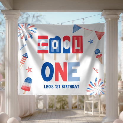 Cool ONE 1st Birthday Backdrop, Red White Blue Popsicle First Birthday Party Sign - 4th of July Birthday, Patriotic Fabric Banner