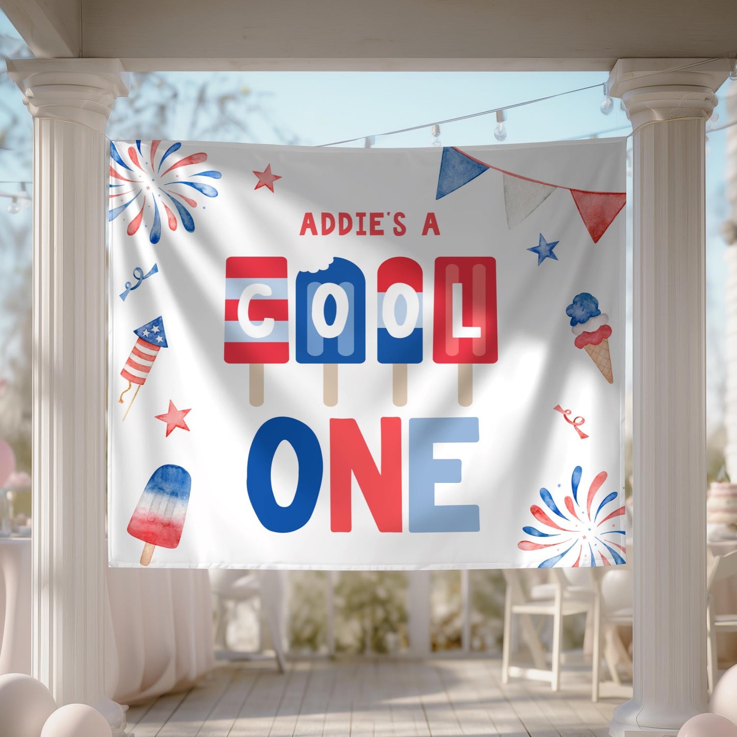 Cool ONE 1st Birthday Backdrop, Red White Blue Popsicle First Birthday Party Sign - 4th of July Birthday, Patriotic Fabric Banner