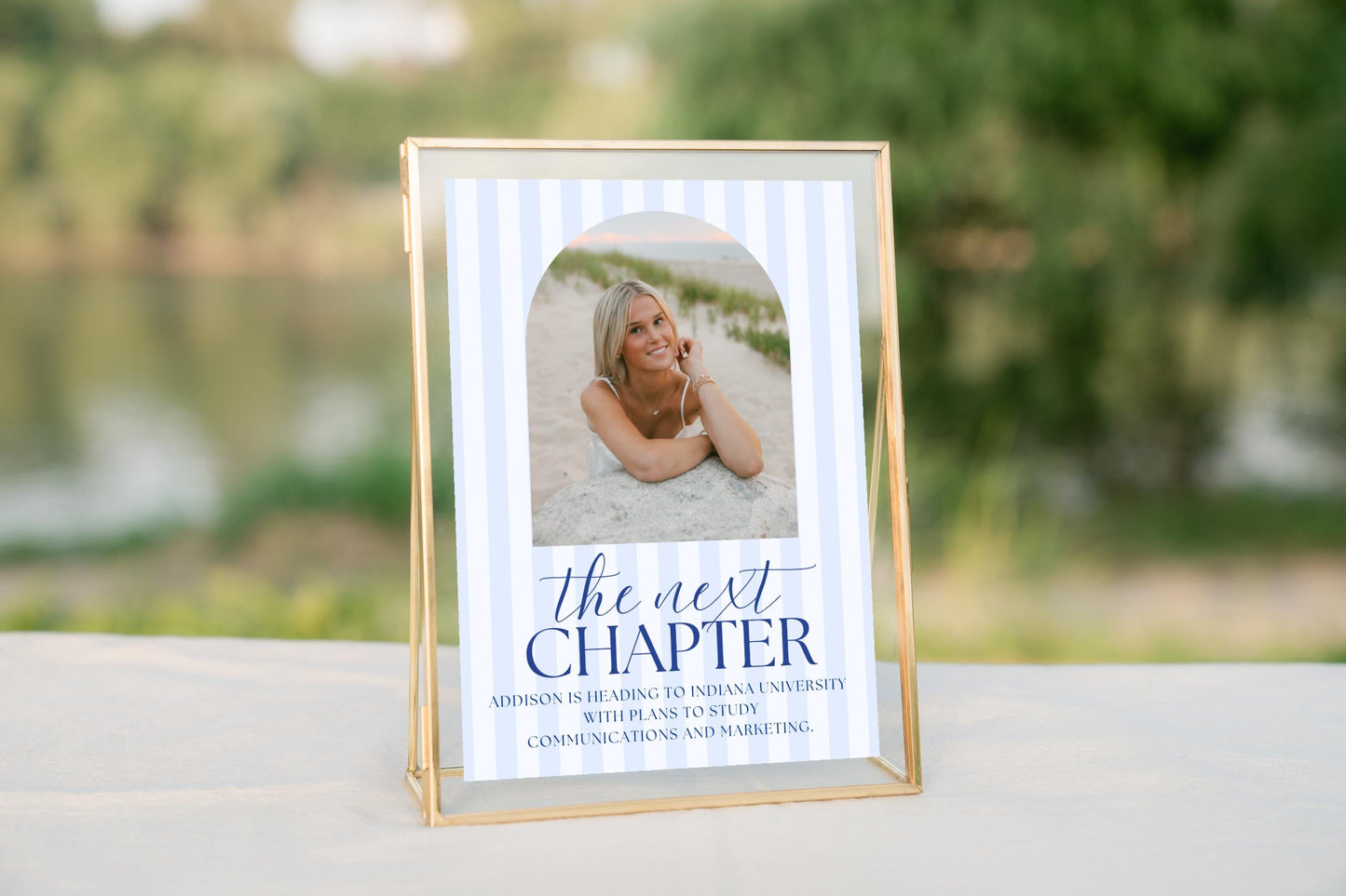Next Chapter Sign for Graduation Party - Blue Stripes Future Plans Sign, Arch Photo Printable, Editable Canva Template