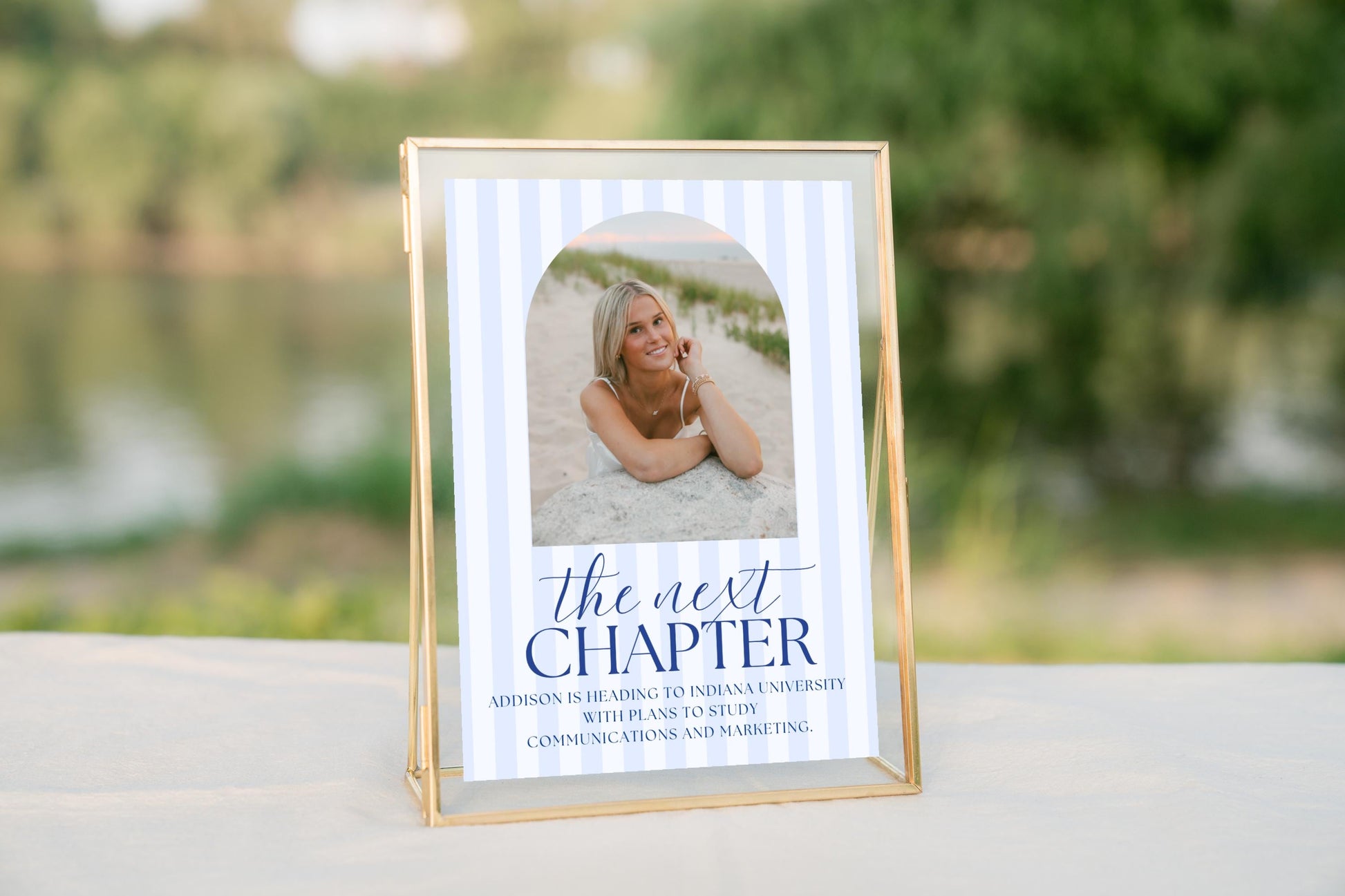 Next Chapter Sign for Graduation Party - Blue Stripes Future Plans Sign, Arch Photo Printable, Editable Canva Template