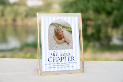 Next Chapter Sign for Graduation Party - Blue Stripes Future Plans Sign, Arch Photo Printable, Editable Canva Template