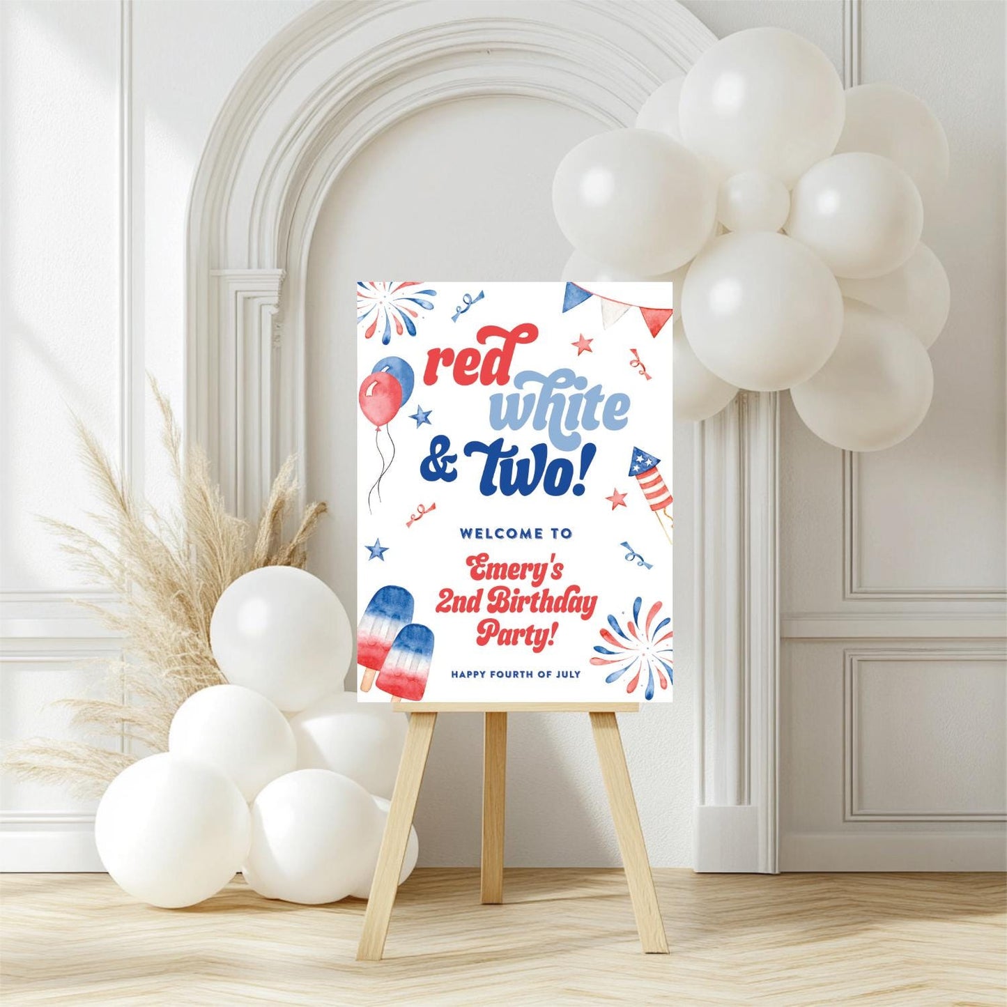 Red White and TWO Welcome Sign - Fireworks and Popsicles Sign - 4th of July Birthday Easel Sign, EDITABLE Template - DIY