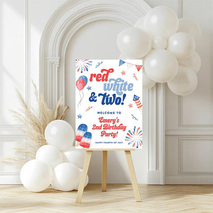 Red White and TWO Welcome Sign - Fireworks and Popsicles Sign - 4th of July Birthday Easel Sign, EDITABLE Template - DIY
