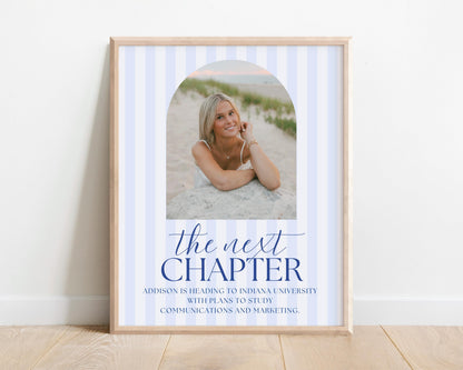 Next Chapter Sign for Graduation Party - Blue Stripes Future Plans Sign, Arch Photo Printable, Editable Canva Template