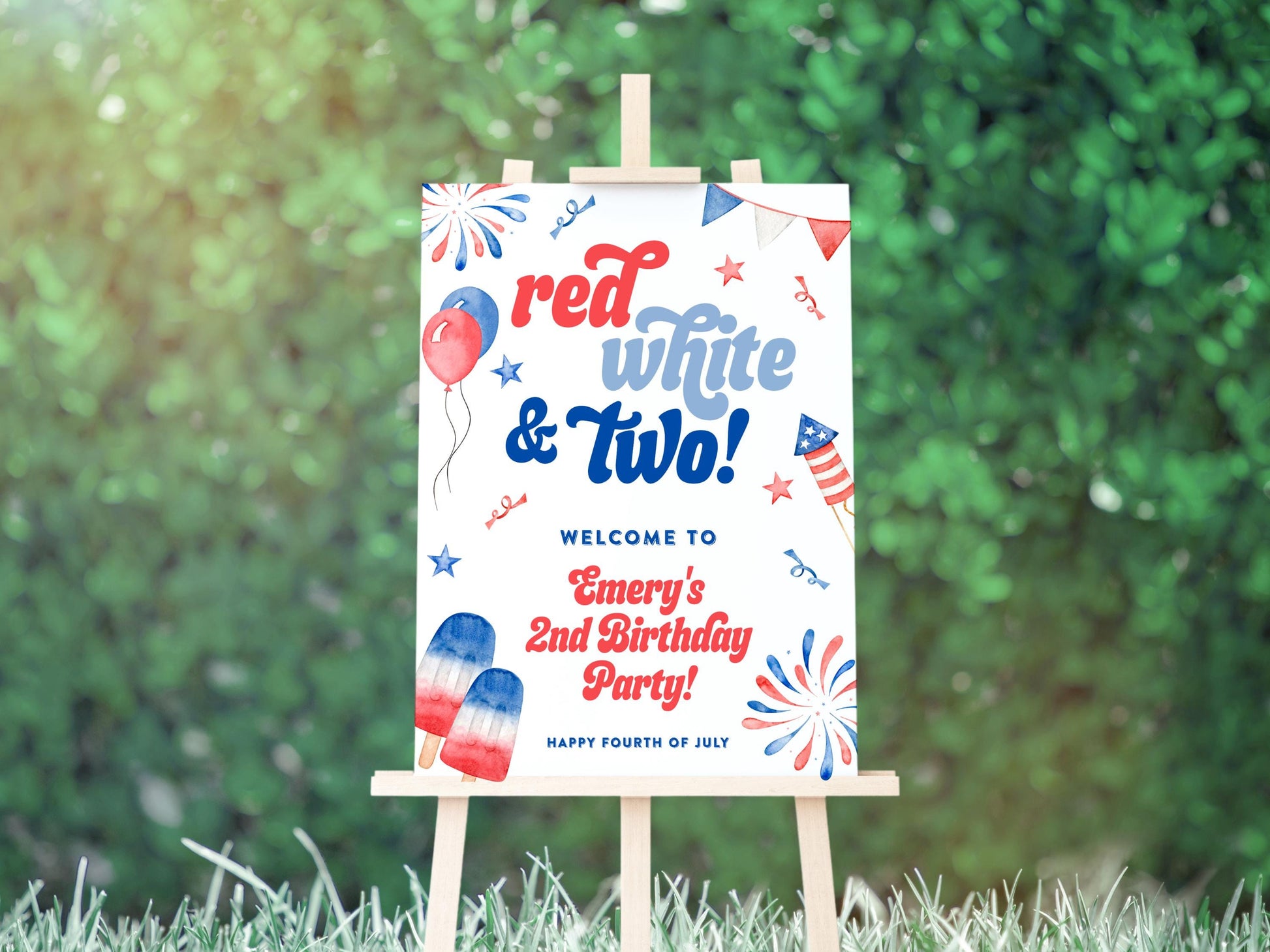 Red White and TWO Welcome Sign - Fireworks and Popsicles Sign - 4th of July Birthday Easel Sign, EDITABLE Template - DIY