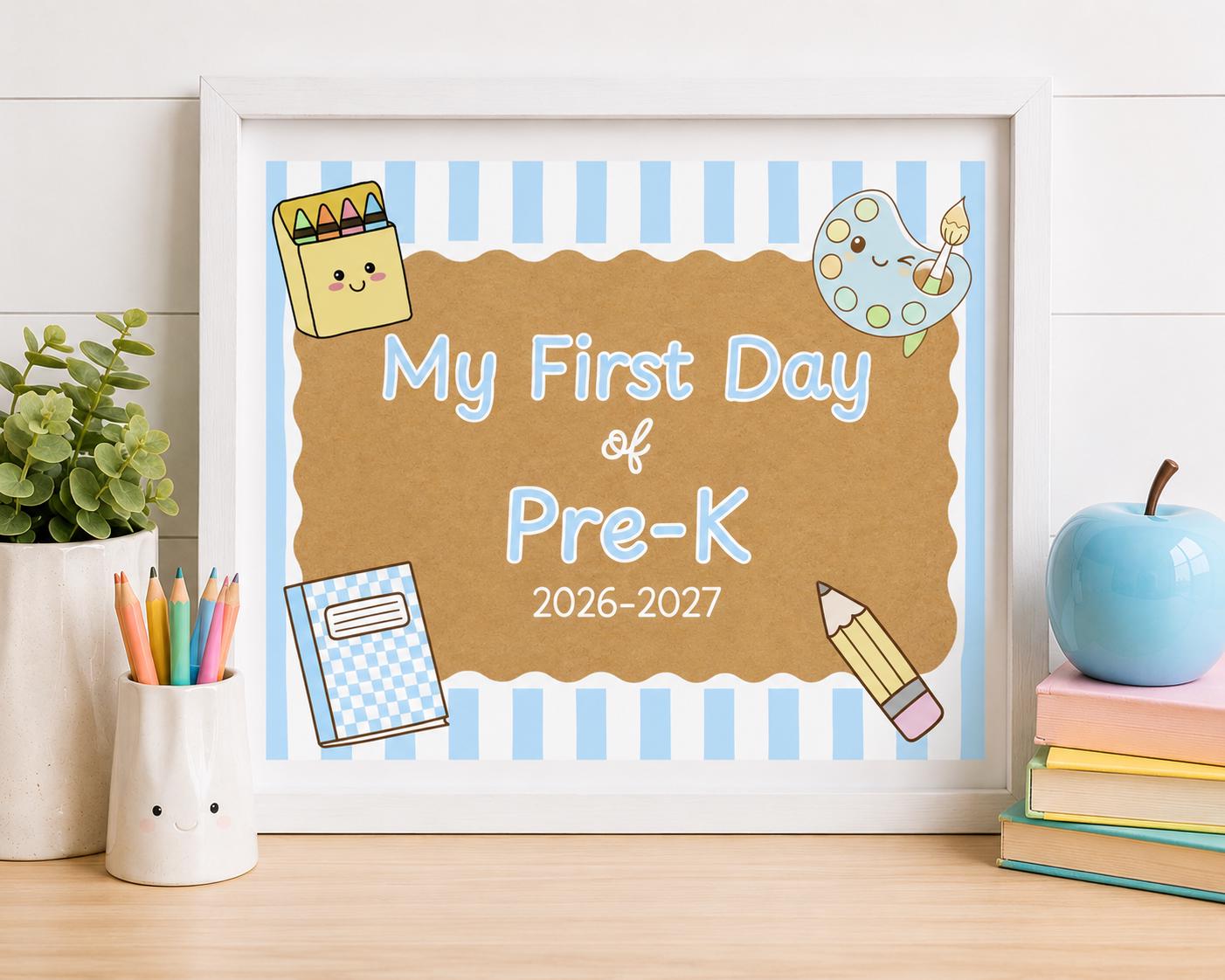 First Day of School Sign, Blue Stripes, Kraft Background, Photo Prop (Digital Download)