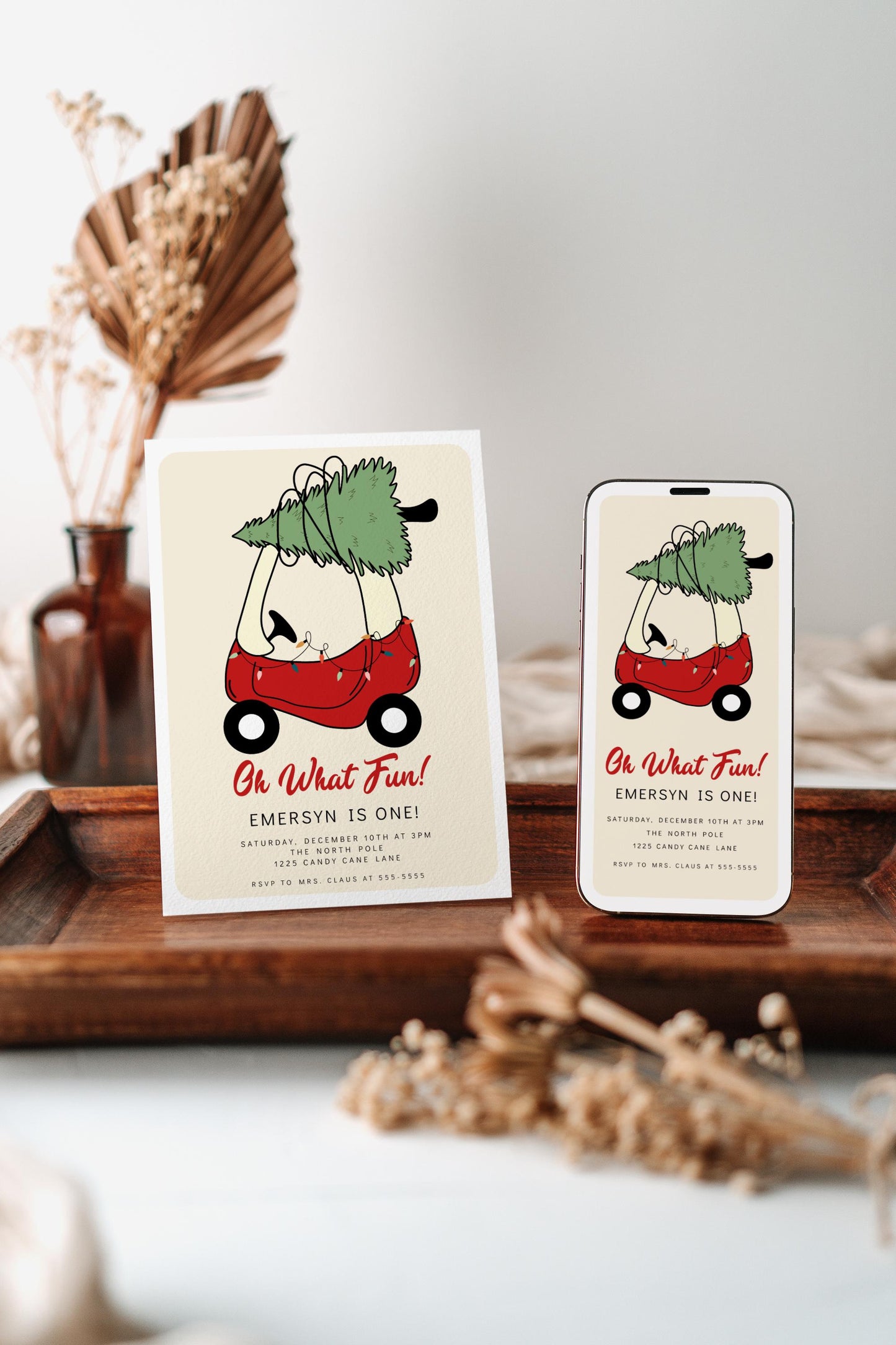 Christmas Tree Toy Car Birthday Sign - Editable Welcome Sign - Oh What Fun First Birthday Party Sign Template