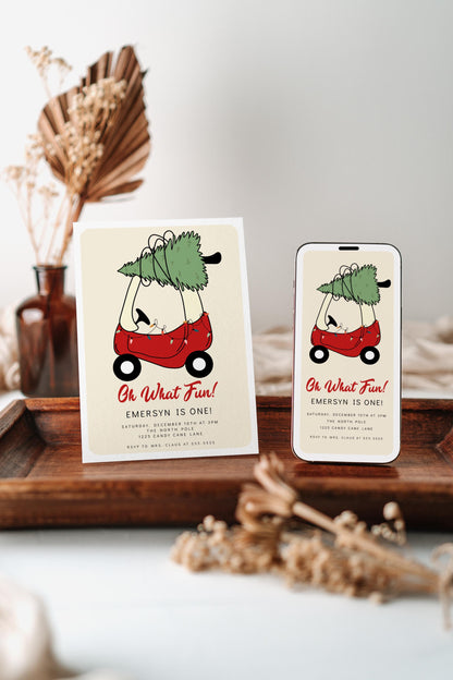 Christmas Tree Toy Car Birthday Sign - Editable Welcome Sign - Oh What Fun First Birthday Party Sign Template