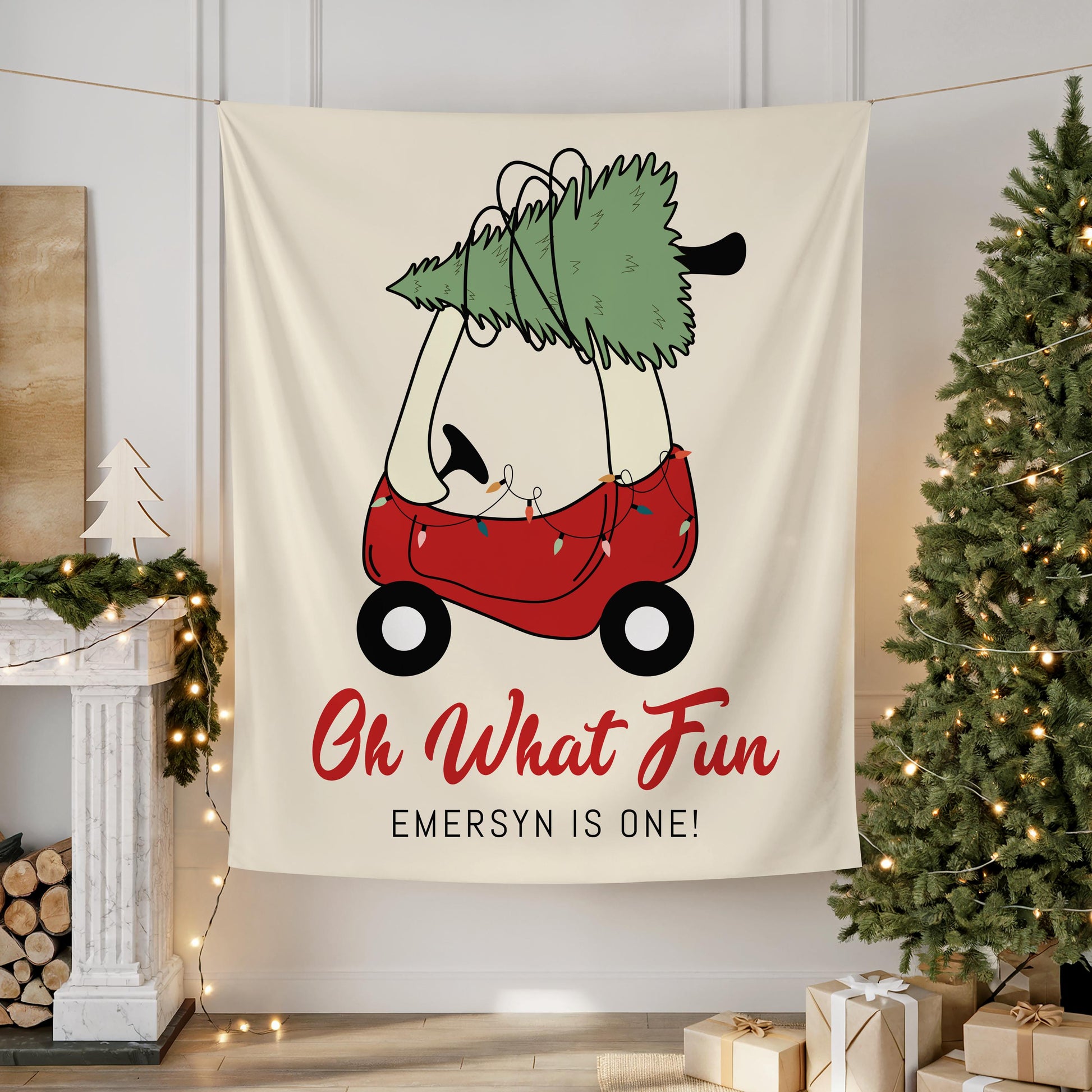 Christmas Toy Car Backdrop - Oh What Fun 1st Birthday Party Decoration - Christmas Tree Banner