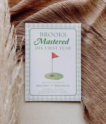 Golf First Birthday Invitation, Mastered His First Year Invite, Editable Canva Template, Boys 1st Birthday Golf Party Invitation