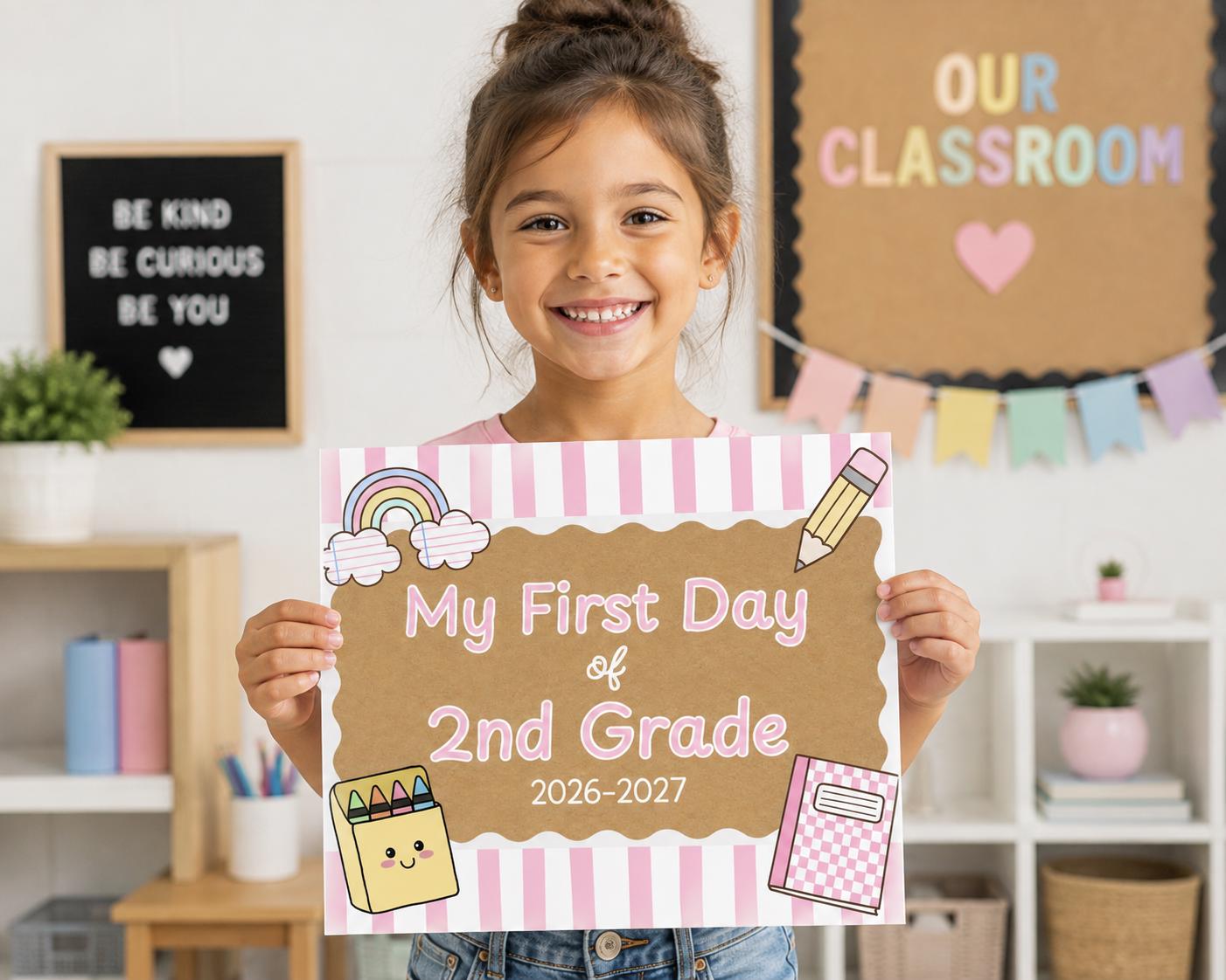 First Day of School Sign Printable, Preschool to 6th Grade, Back to School Sign, First Day Photo Prop, Pink Aesthetic INSTANT DOWNLOAD