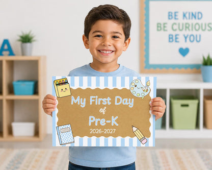 First Day of School Sign, Blue Stripes, Kraft Background, Photo Prop (Digital Download)