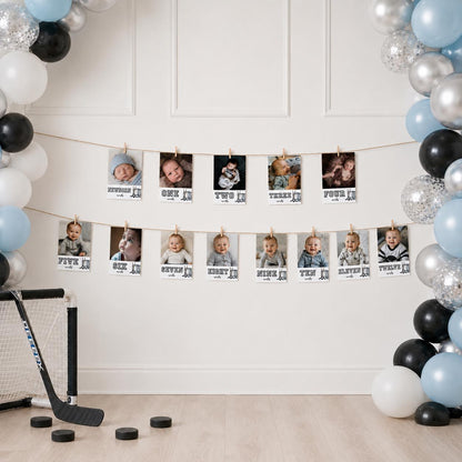 Hockey First Birthday Photo Banner, Monthly Milestone Banner, Newborn to 12 Months, First Year Down Birthday Decorations