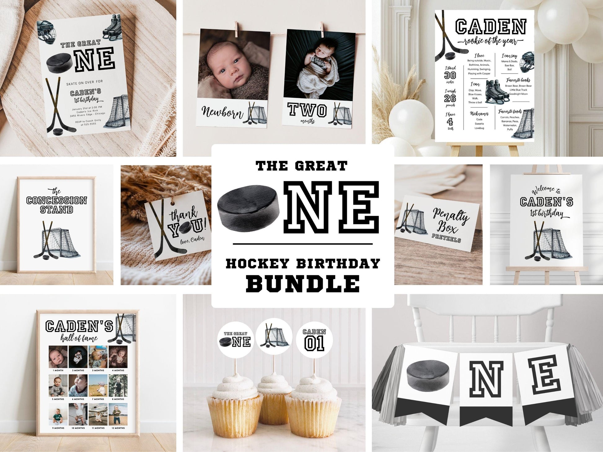 Hockey First Birthday Bundle, The Great One Party Decorations, Editable Invitation, Signs, Banners & Milestone Poster