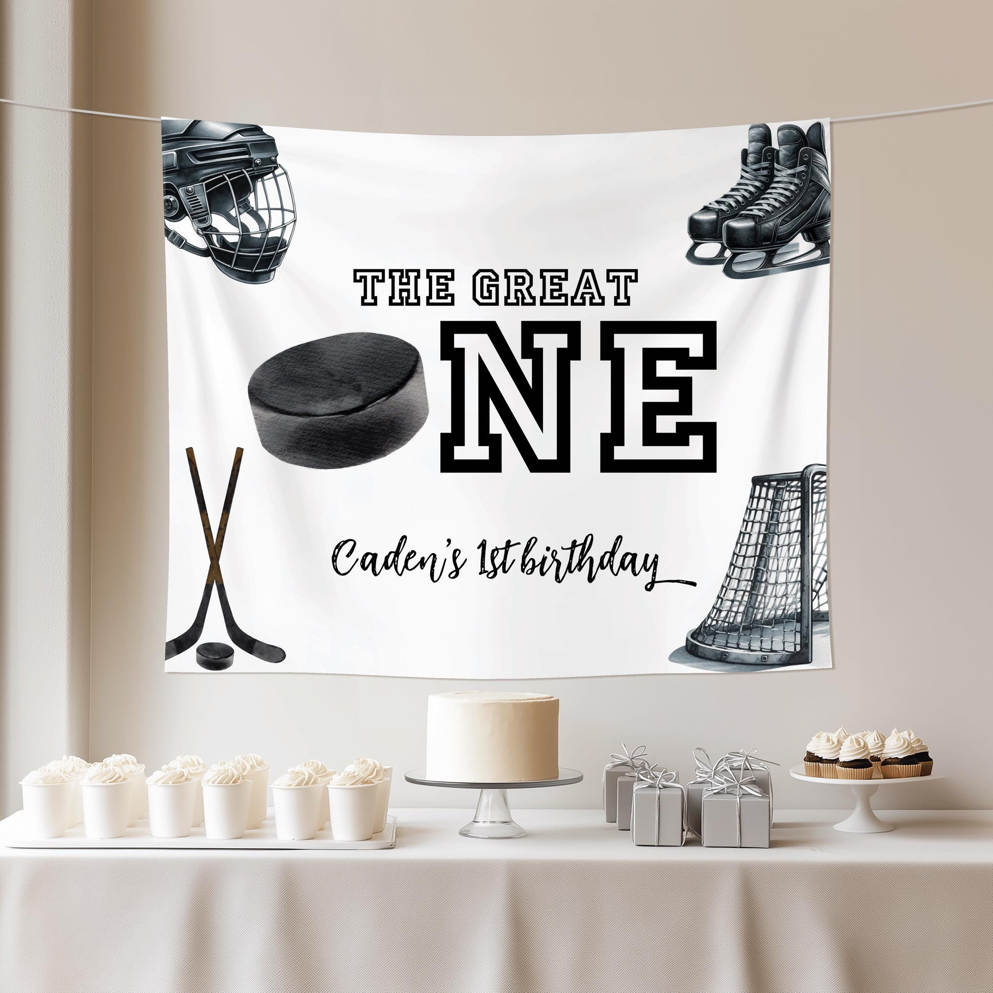 Hockey 1st Birthday Backdrop, Personalized The Great One Sign, Ice Hockey Party Banner