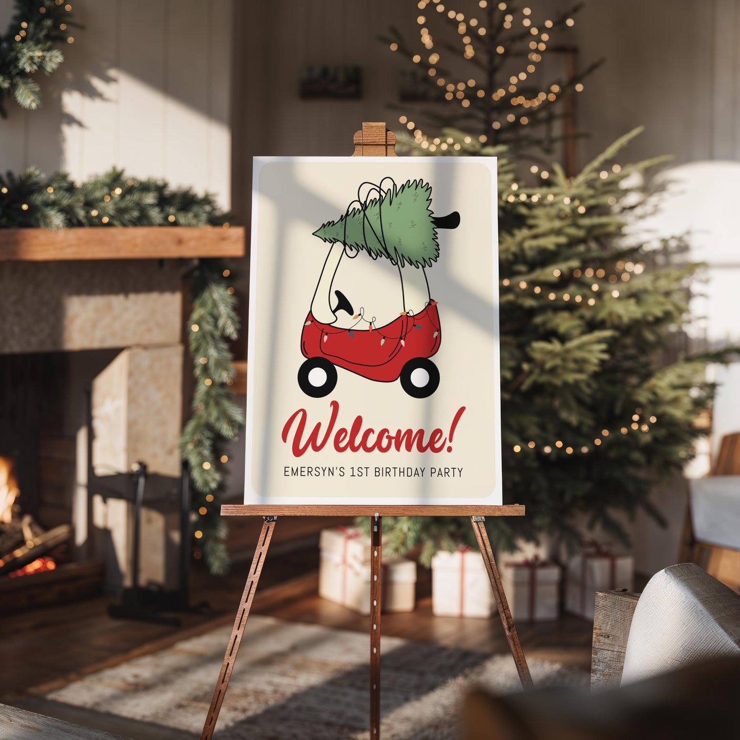 Christmas Tree Toy Car Birthday Sign - Editable Welcome Sign - Oh What Fun First Birthday Party Sign Template