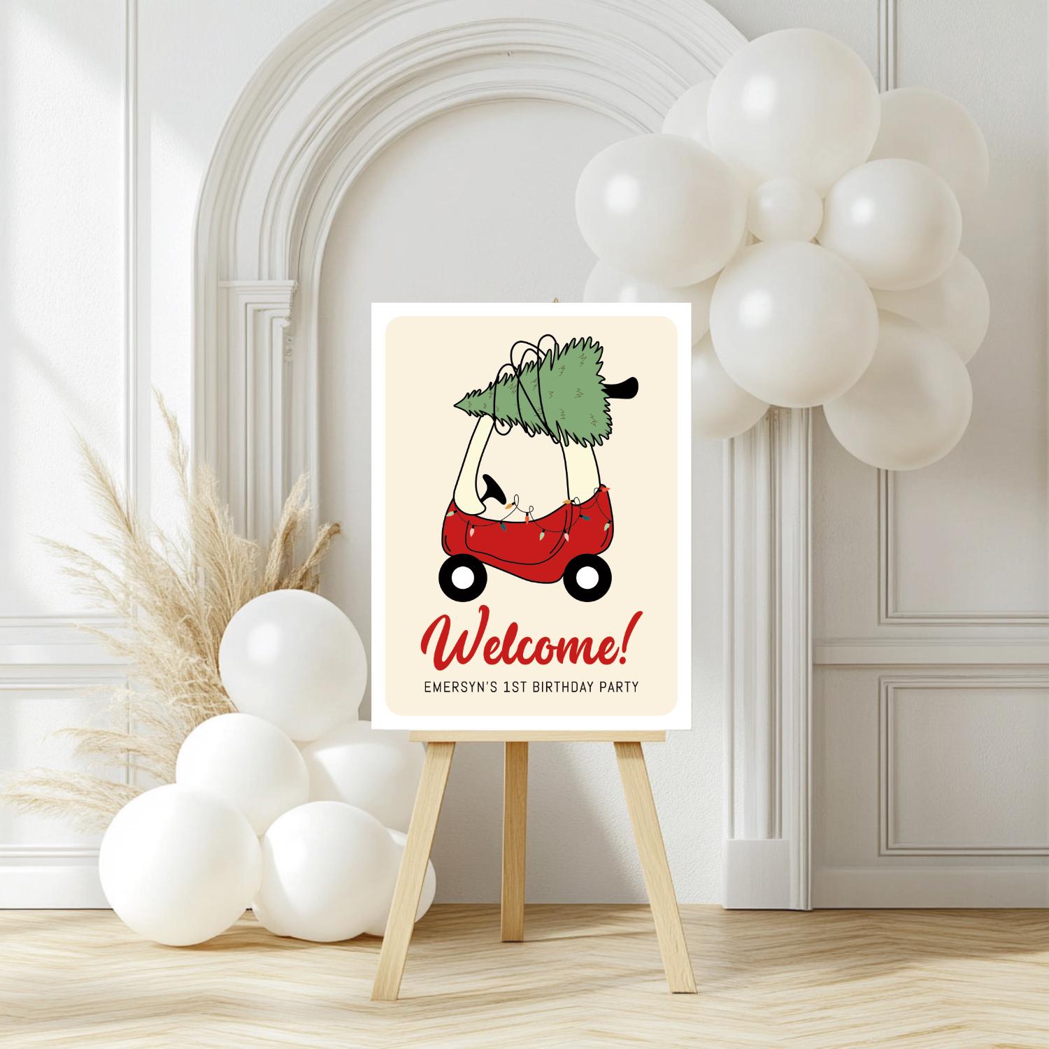 Christmas Tree Toy Car Birthday Sign - Editable Welcome Sign - Oh What Fun First Birthday Party Sign Template