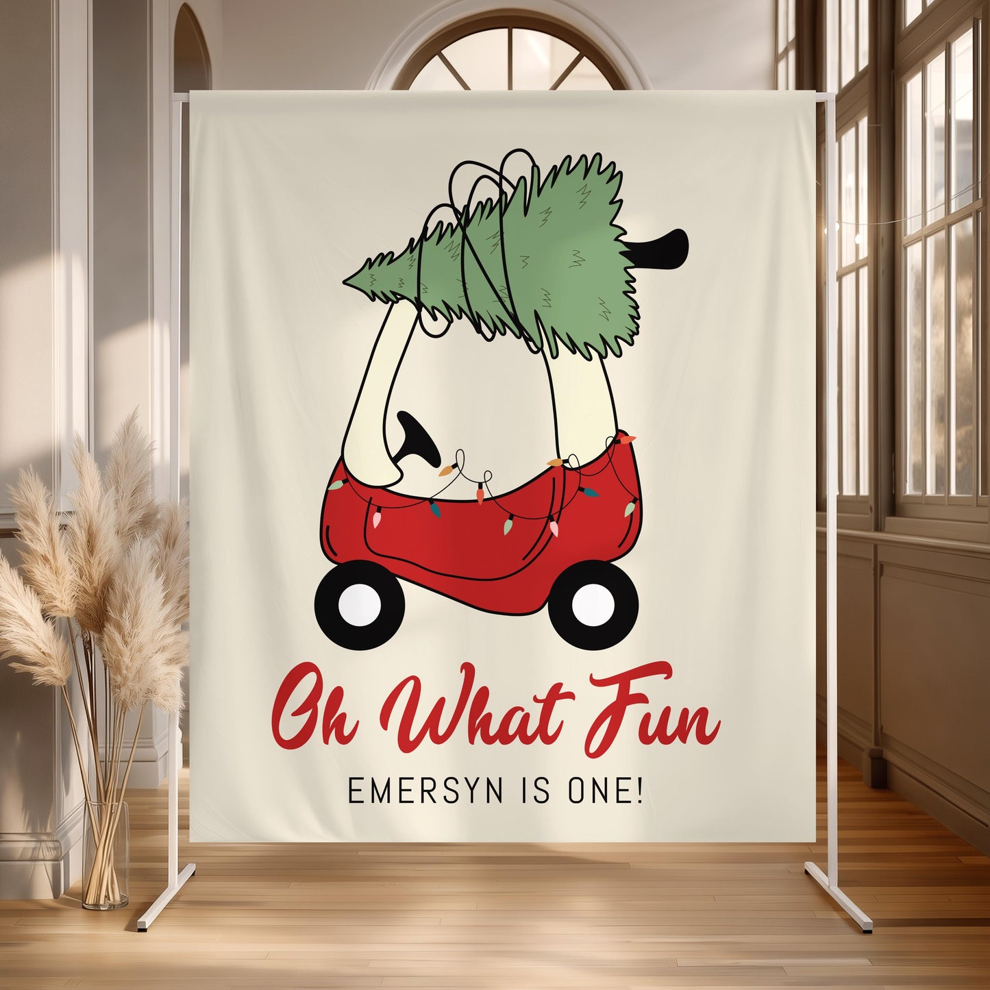 Christmas Toy Car Backdrop - Oh What Fun 1st Birthday Party Decoration - Christmas Tree Banner