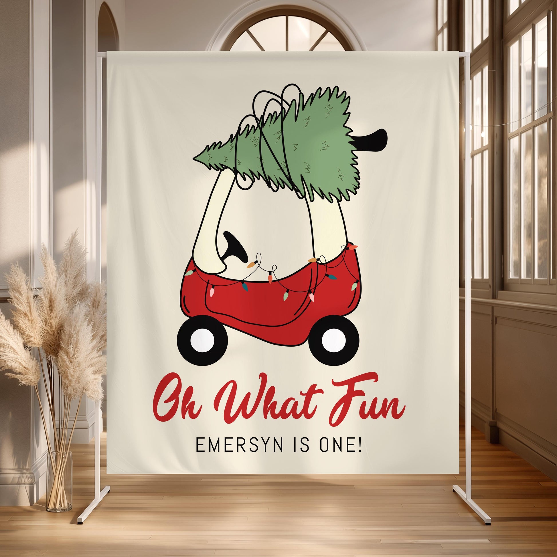 Christmas Toy Car Backdrop - Oh What Fun 1st Birthday Party Decoration - Christmas Tree Banner
