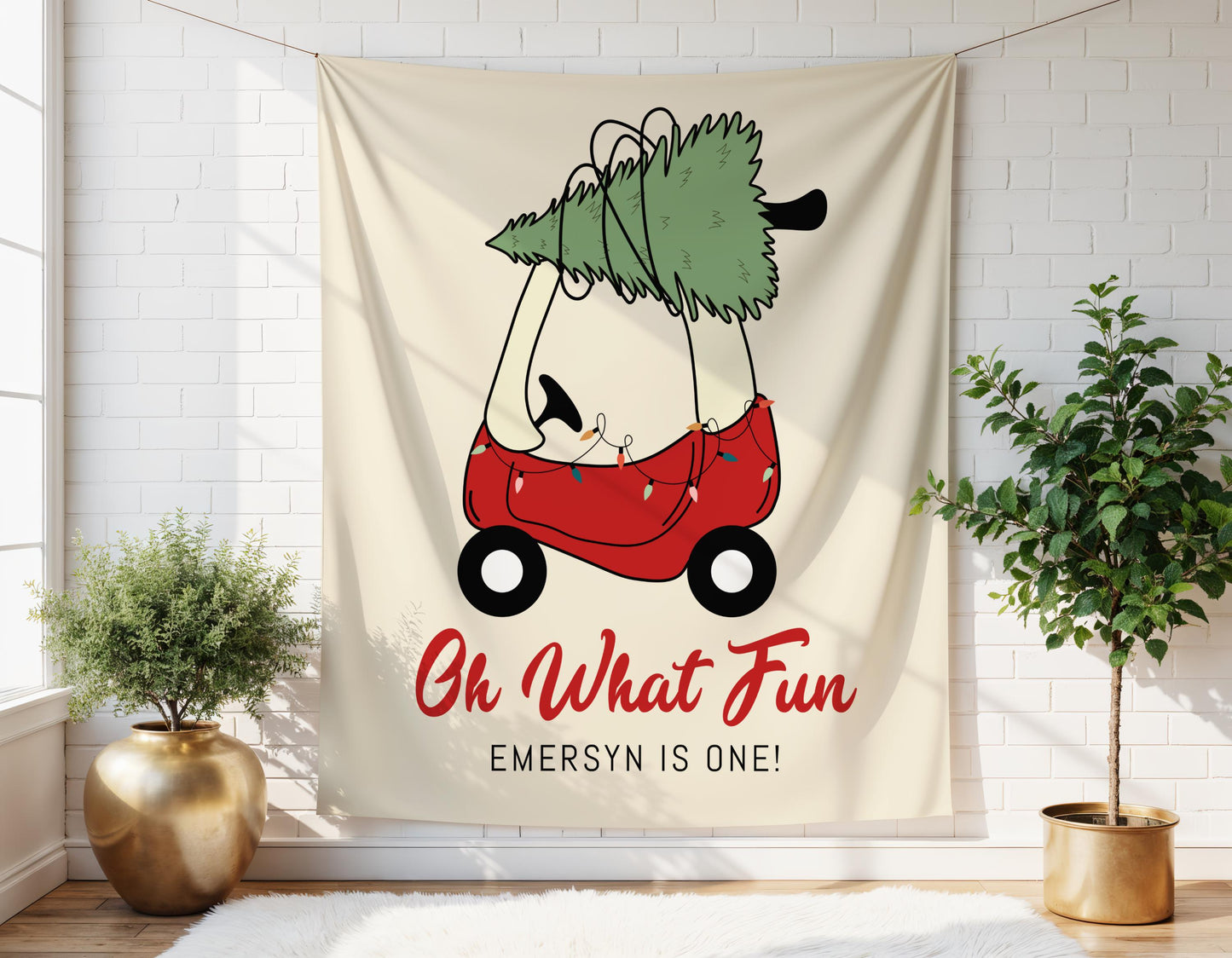 Christmas Toy Car Backdrop - Oh What Fun 1st Birthday Party Decoration - Christmas Tree Banner