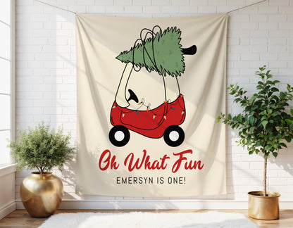 Christmas Toy Car Backdrop - Oh What Fun 1st Birthday Party Decoration - Christmas Tree Banner