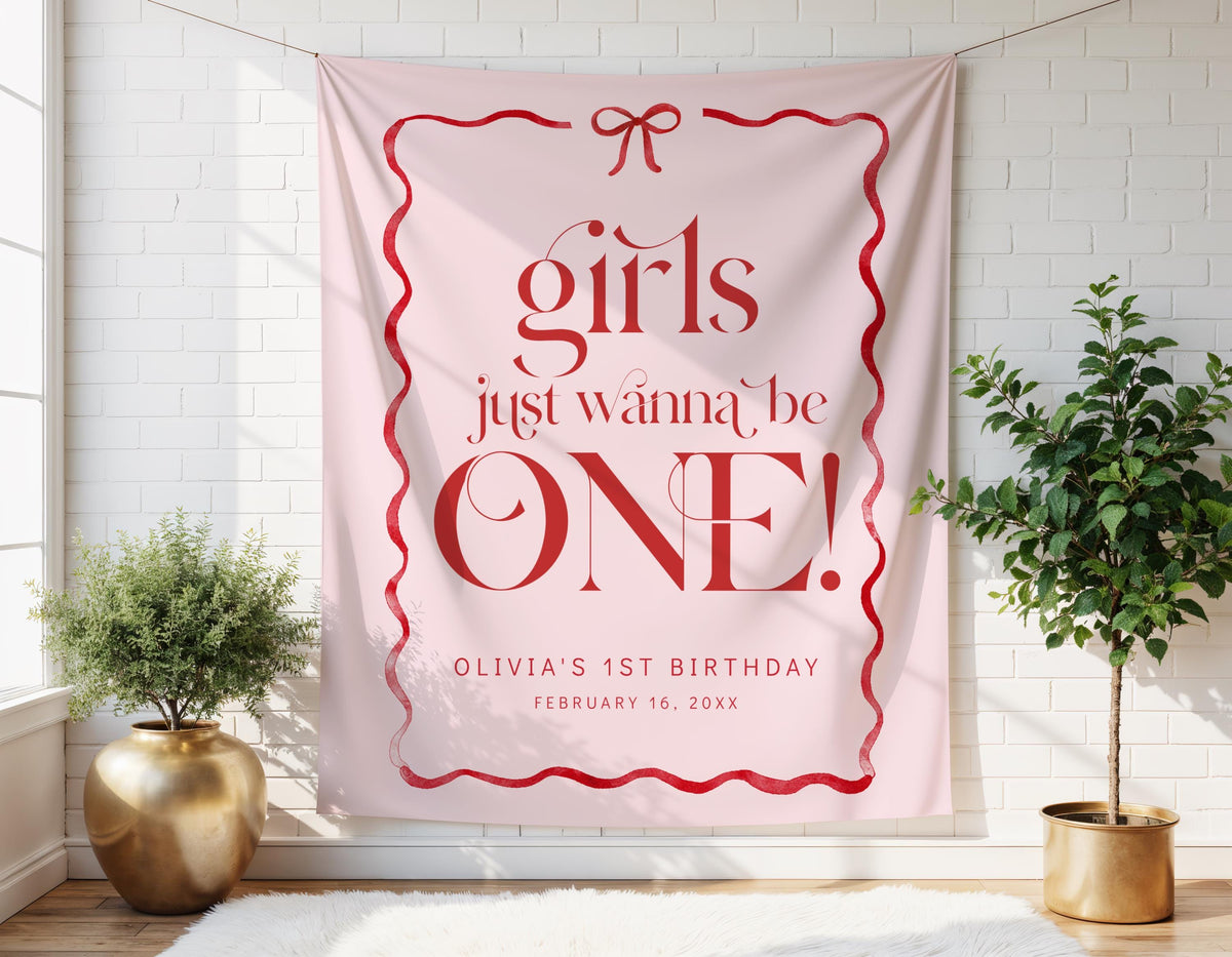 Editable Girls Just Wanna Be ONE Photo Banner, 12 Month Pink Bow First Birthday Decor