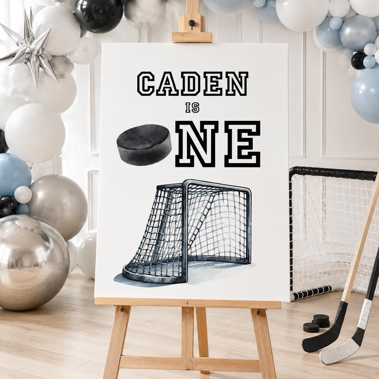 Hockey First Birthday Bundle, The Great One Party Decorations, Editable Invitation, Signs, Banners & Milestone Poster