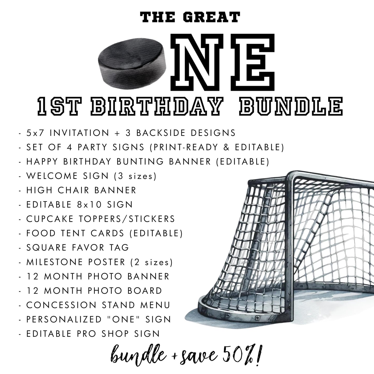 Hockey First Birthday Bundle, The Great One Party Decorations, Editable Invitation, Signs, Banners & Milestone Poster
