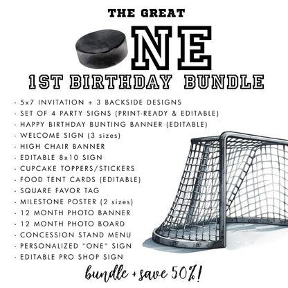 Hockey First Birthday Bundle, The Great One Party Decorations, Editable Invitation, Signs, Banners & Milestone Poster