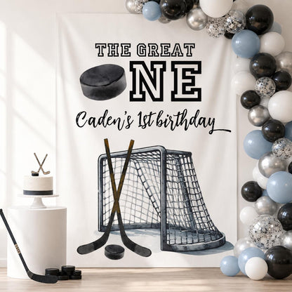 The Great ONE Hockey Backdrop, 1st Birthday Party Banner, Large Personalized Fabric Sign Decor