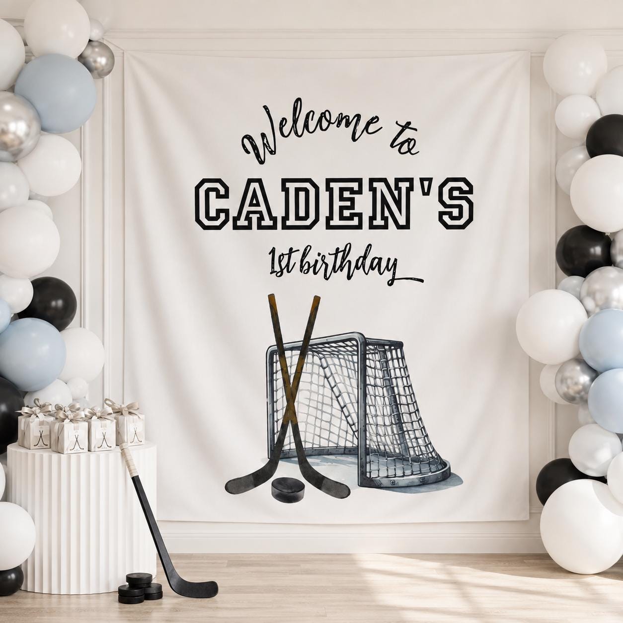 Personalized Hockey Welcome Backdrop, First Birthday Party Entrance Banner, Custom Name Rookie Birthday Photo Background