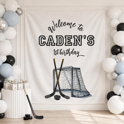 Personalized Hockey Welcome Backdrop, First Birthday Party Entrance Banner, Custom Name Rookie Birthday Photo Background
