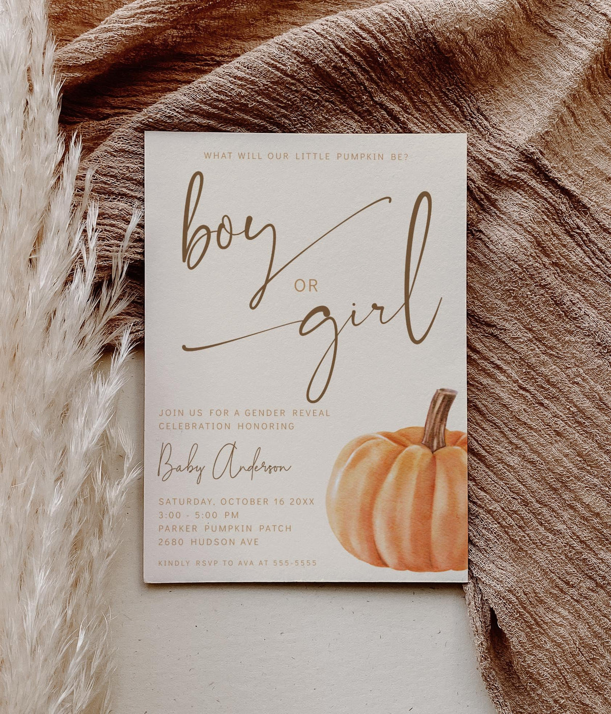 Pumpkin Gender Reveal Invitation Bundle, Editable Printable Invite, Diaper Raffle and Books for Baby Cards