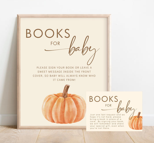 Books for Baby Sign and Book Request Card, Pumpkin Baby Shower Insert, Neutral Fall Baby Shower Printable, Book Instead of Card