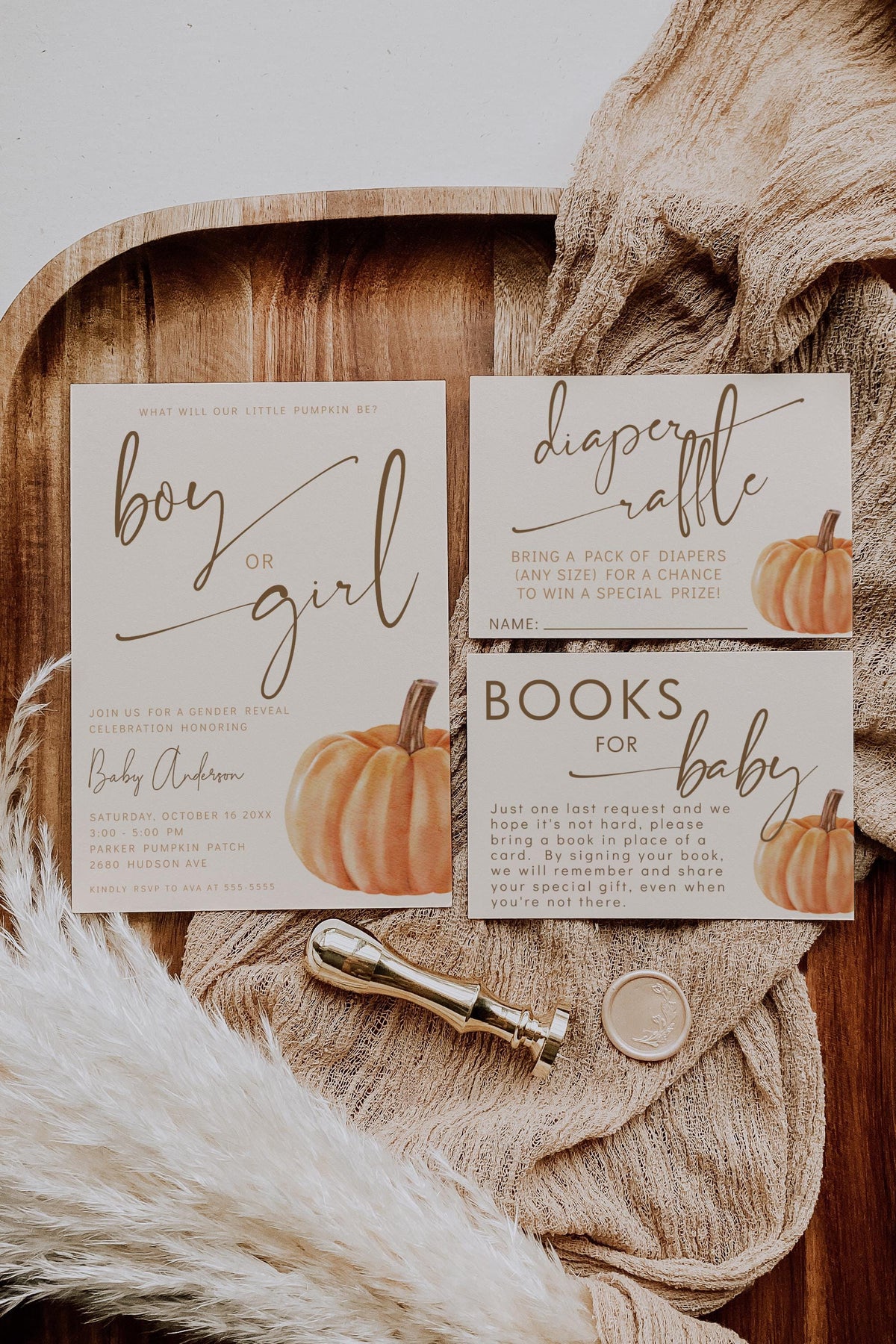Pumpkin Gender Reveal Invitation Bundle, Editable Printable Invite, Diaper Raffle and Books for Baby Cards
