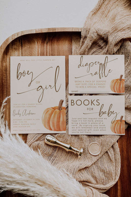 Pumpkin Gender Reveal Invitation Bundle, Editable Printable Invite, Diaper Raffle and Books for Baby Cards