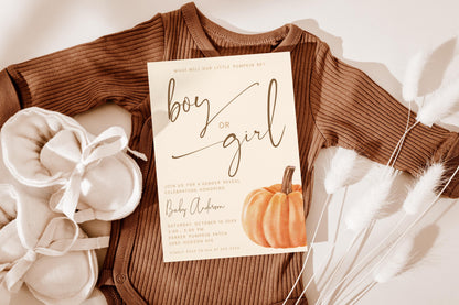 Pumpkin Gender Reveal Invitation Bundle, Editable Printable Invite, Diaper Raffle and Books for Baby Cards