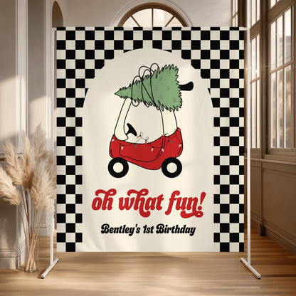 Oh What Fun Christmas Birthday Backdrop, Personalized Toy Car Banner, Black and Cream Checkered First Birthday Party Decor