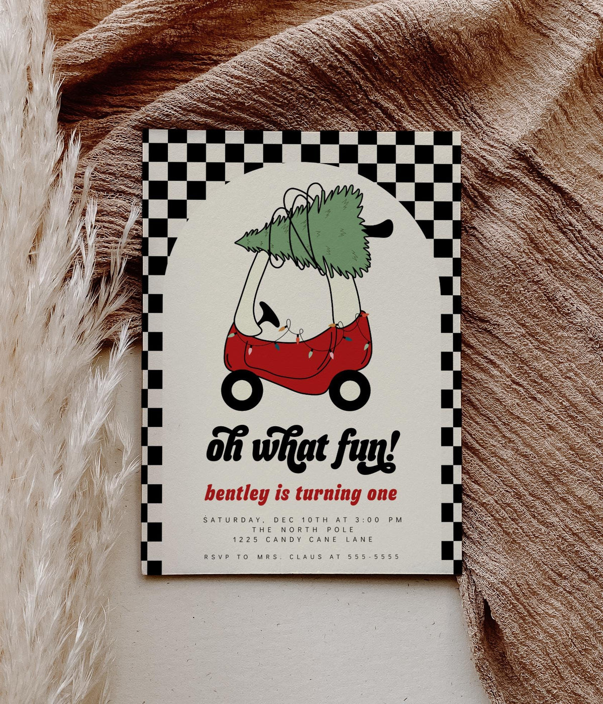 Oh What Fun Christmas Birthday Backdrop, Personalized Toy Car Banner, Black and Cream Checkered First Birthday Party Decor