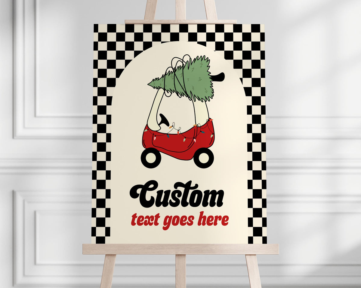 Oh What Fun Christmas Birthday Backdrop, Personalized Toy Car Banner, Black and Cream Checkered First Birthday Party Decor