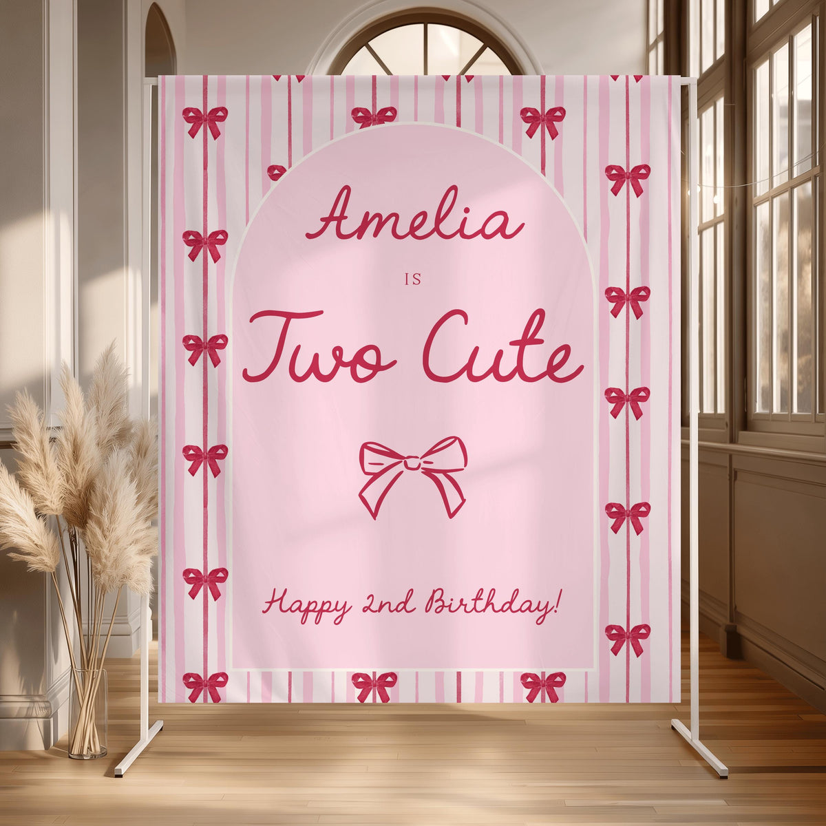 Two Cute Birthday Backdrop, Personalized Pink and Red Bow Banner, Coquette Second Birthday Party Decor, Welcome Backdrop