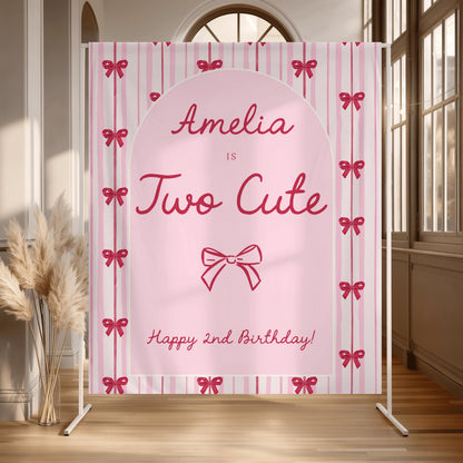 Two Cute Birthday Backdrop, Personalized Pink and Red Bow Banner, Coquette Second Birthday Party Decor, Welcome Backdrop