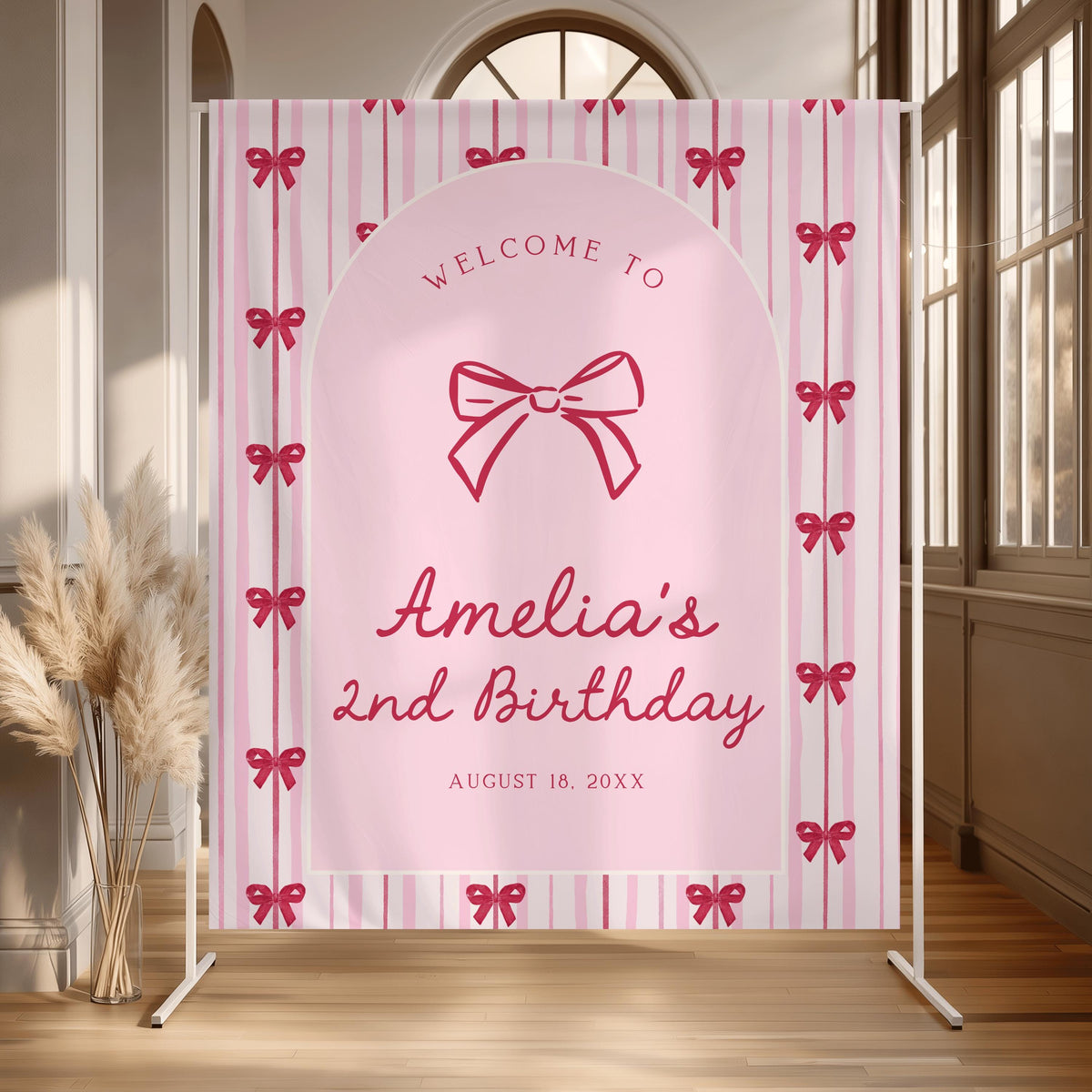 Two Cute Birthday Backdrop, Personalized Pink and Red Bow Banner, Coquette Second Birthday Party Decor, Welcome Backdrop