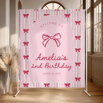 Two Cute Birthday Backdrop, Personalized Pink and Red Bow Banner, Coquette Second Birthday Party Decor, Welcome Backdrop